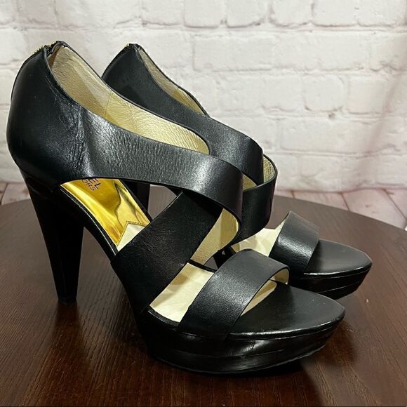 9.5 Michael by Michael Kors cross cross leather sandals with platform heels nwob - Picture 3 of 10